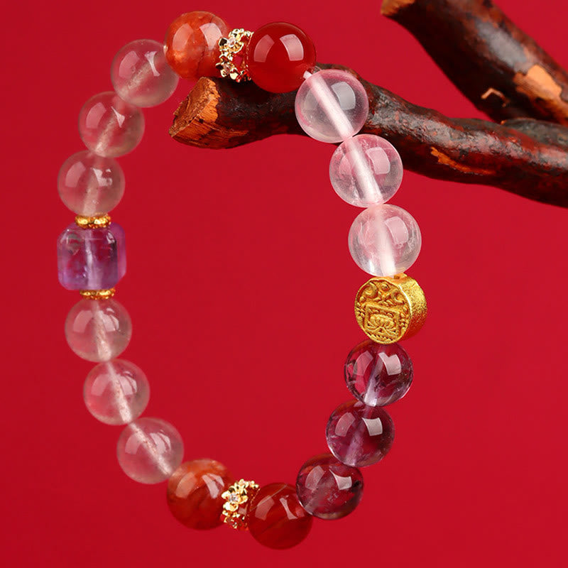 KarmaRipple's Five Elements Various Agate Gemstone Green Phantom Rutilated Quartz Green Grape Agate Malachite Fortune Bracelet p21