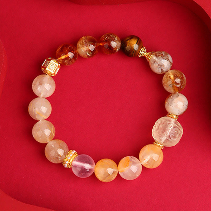 KarmaRipple's Five Elements Various Agate Gemstone Green Phantom Rutilated Quartz Green Grape Agate Malachite Fortune Bracelet p25