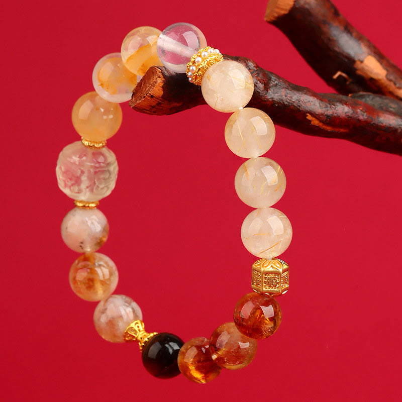 KarmaRipple's Five Elements Various Agate Gemstone Green Phantom Rutilated Quartz Green Grape Agate Malachite Fortune Bracelet p24