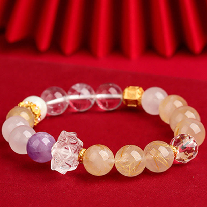 KarmaRipple's Five Elements Various Agate Gemstone Green Phantom Rutilated Quartz Green Grape Agate Malachite Fortune Bracelet p22