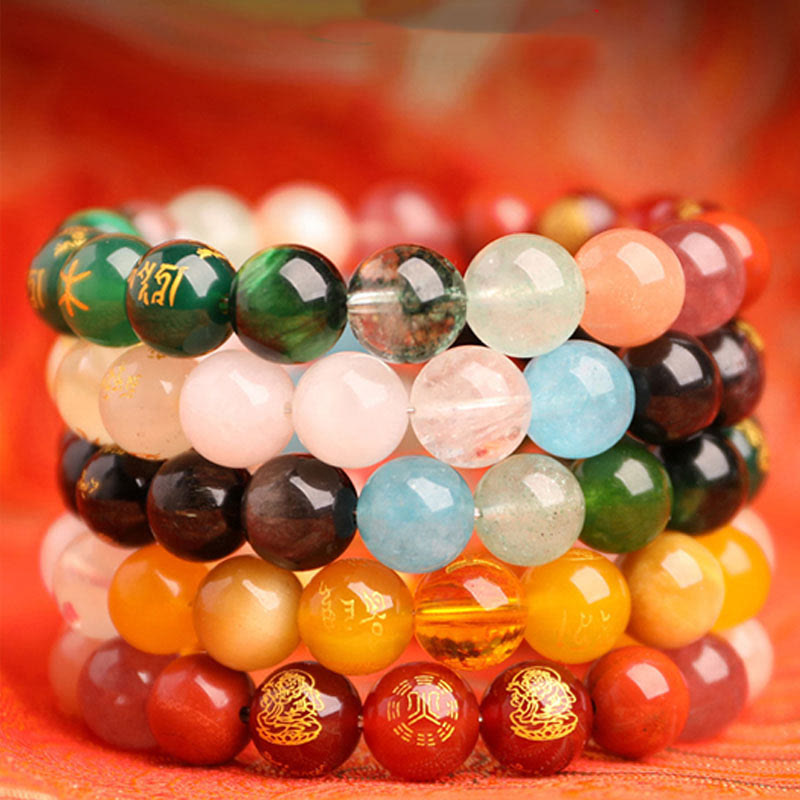 KarmaRipple's Five Elements Various Agate Gemstone South Red Agate Strawberry Quartz Sun Stone Citrine Fortune Bracelet p43