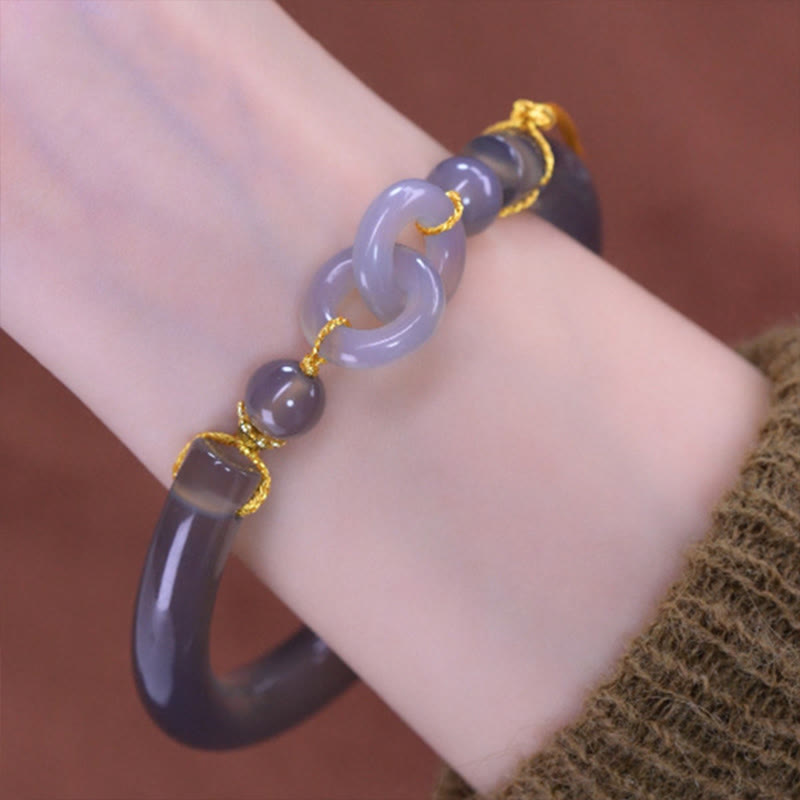KarmaRipple's Gray Agate Bronze Hook Peace Cuff Half Bracelet Bangle p3