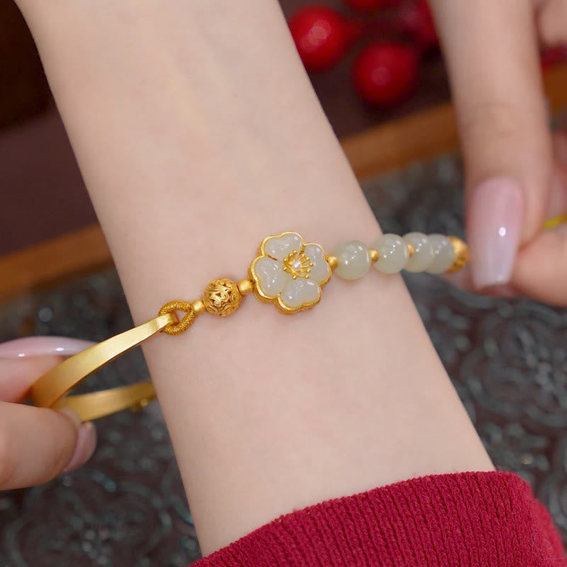 KarmaRipple's Hetian Jade 925 Sterling Silver Flower Fortune Cuff Half Bracelet Bangle p3