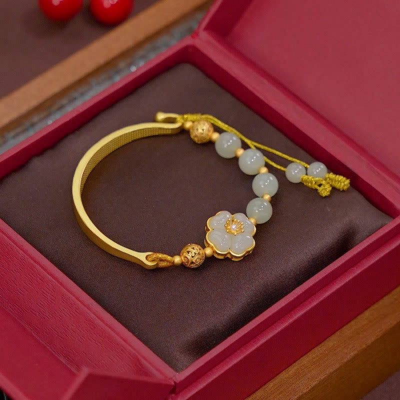 KarmaRipple's Hetian Jade 925 Sterling Silver Flower Fortune Cuff Half Bracelet Bangle p1