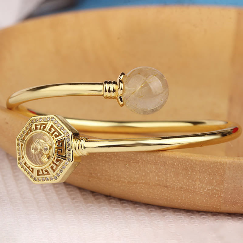 KarmaRipple's Rutilated Quartz Bronze Brass Rotatable Windmill Feng Sheng Shui Qi Courage Bracelet Bangle p12