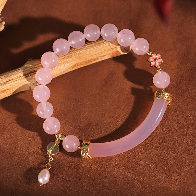 KarmaRipple's Pink Gemstone Blue Chalcedony Pearl Cuff Half Bracelet Bangle p3