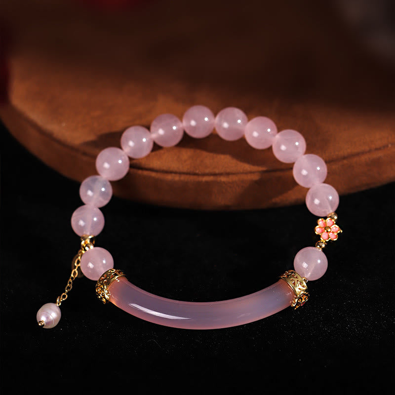KarmaRipple's Pink Gemstone Blue Chalcedony Pearl Cuff Half Bracelet Bangle p4