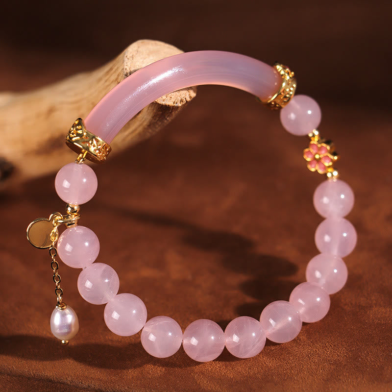 KarmaRipple's Pink Gemstone Blue Chalcedony Pearl Cuff Half Bracelet Bangle p14