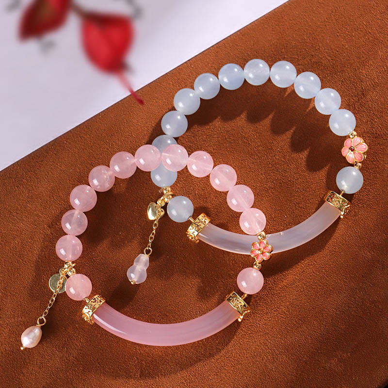 KarmaRipple's Pink Gemstone Blue Chalcedony Pearl Cuff Half Bracelet Bangle p5