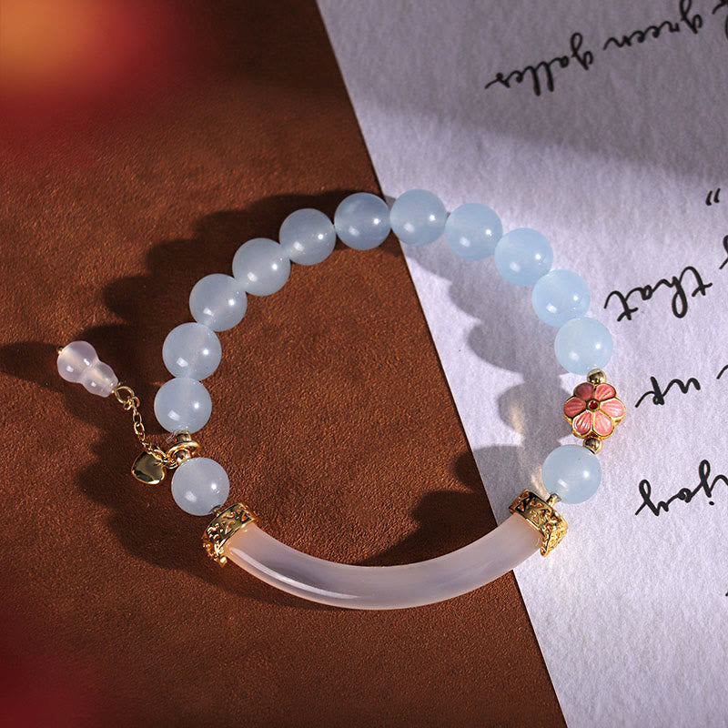 KarmaRipple's Pink Gemstone Blue Chalcedony Pearl Cuff Half Bracelet Bangle p12