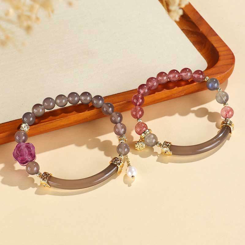 KarmaRipple's Strawberry Quartz Labradorite Fluorite Pearl Cuff Half Bracelet Bangle p5