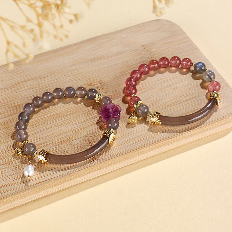 KarmaRipple's Strawberry Quartz Labradorite Fluorite Pearl Cuff Half Bracelet Bangle p14