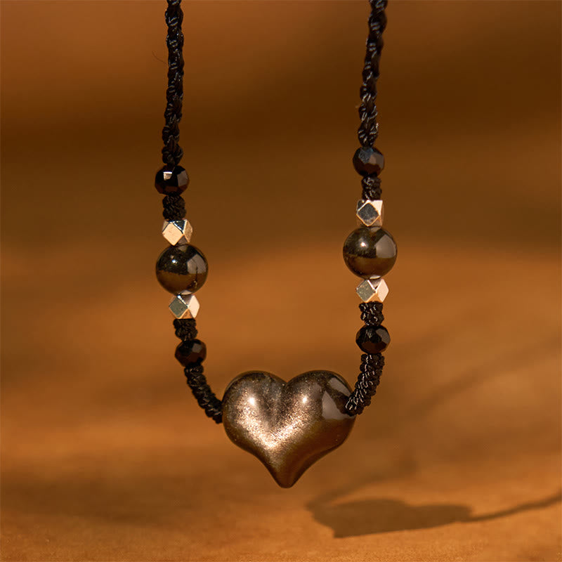 KarmaRipple's Authentic Silver Sheen Obsidian Heart Protection Pendant Necklace p1