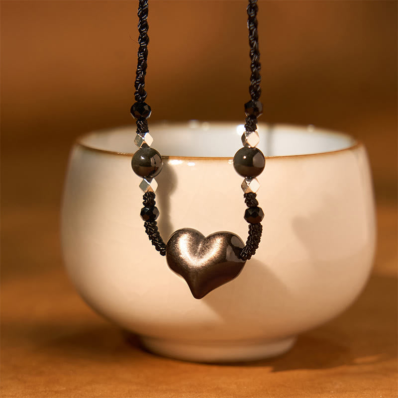 KarmaRipple's Authentic Silver Sheen Obsidian Heart Protection Pendant Necklace p3