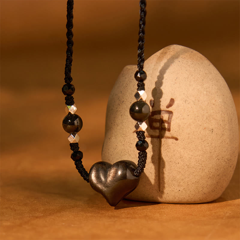 KarmaRipple's Authentic Silver Sheen Obsidian Heart Protection Pendant Necklace p2