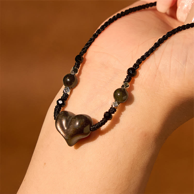 KarmaRipple's Authentic Silver Sheen Obsidian Heart Protection Pendant Necklace p5