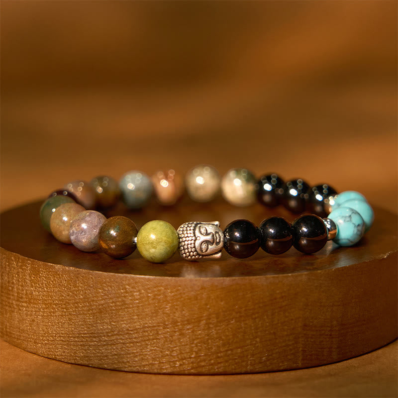 KarmaRipple's Authentic Black Onyx Ivory Stone Green Aventurine Tiger Eye Agate Mixed Color Buddha Head Protection Bracelet p38
