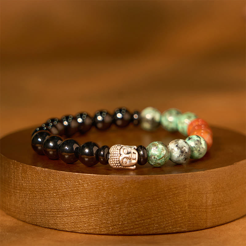 KarmaRipple's Authentic Black Onyx Ivory Stone Green Aventurine Tiger Eye Agate Mixed Color Buddha Head Protection Bracelet p2
