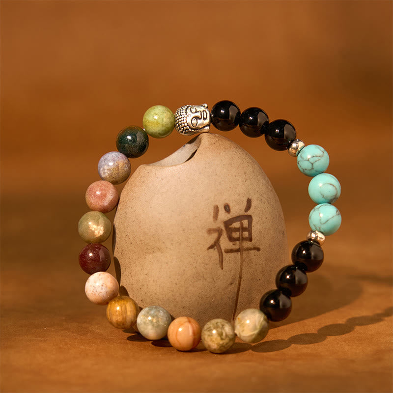 KarmaRipple's Authentic Black Onyx Ivory Stone Green Aventurine Tiger Eye Agate Mixed Color Buddha Head Protection Bracelet p24