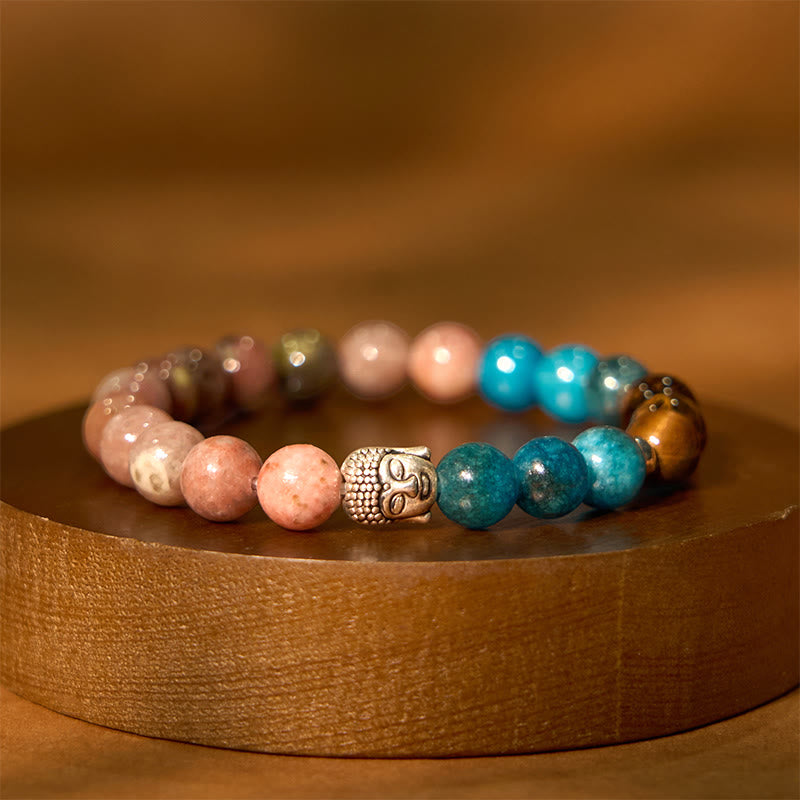 KarmaRipple's Authentic Black Onyx Ivory Stone Green Aventurine Tiger Eye Agate Mixed Color Buddha Head Protection Bracelet p39