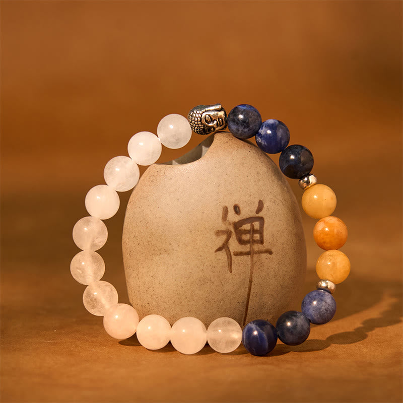KarmaRipple's Authentic Black Onyx Ivory Stone Green Aventurine Tiger Eye Agate Mixed Color Buddha Head Protection Bracelet p16