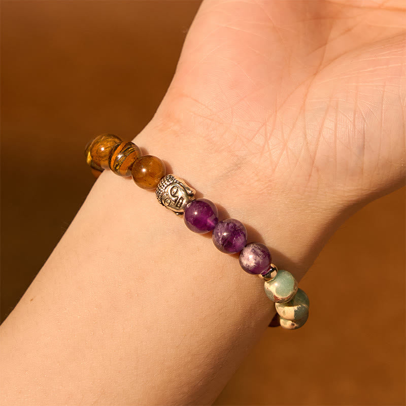 KarmaRipple's Authentic Black Onyx Ivory Stone Green Aventurine Tiger Eye Agate Mixed Color Buddha Head Protection Bracelet p21