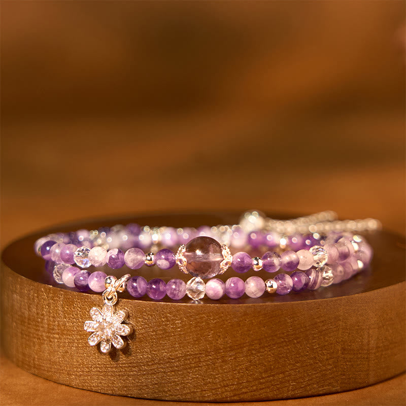KarmaRipple's Amethyst Gemstone Sunflower Spiritual Awareness Double Wrap Bracelet p1