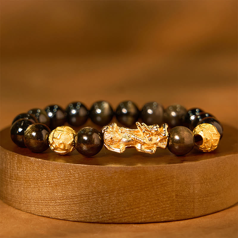 KarmaRipple's Authentic Gold Sheen Obsidian PiXiu Om Mani Padme Hum Wealth Bracelet p1