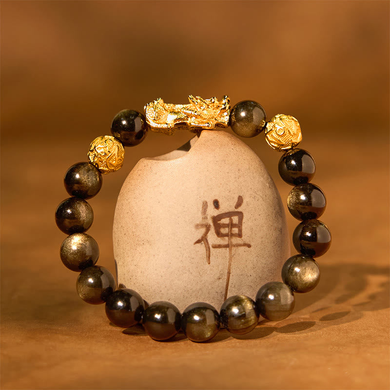 KarmaRipple's Authentic Gold Sheen Obsidian PiXiu Om Mani Padme Hum Wealth Bracelet p4