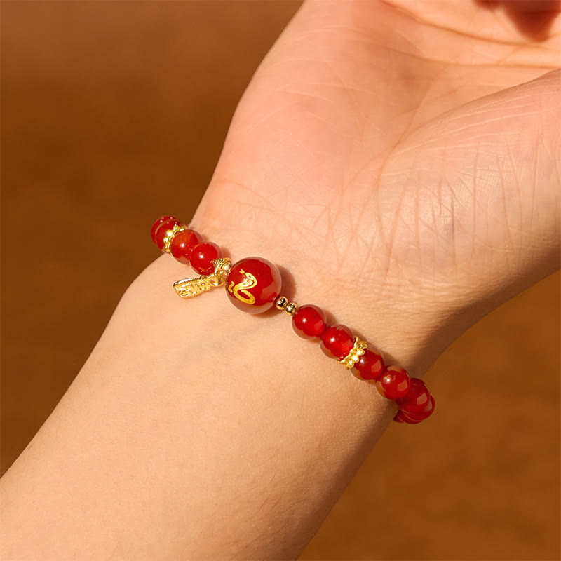 KarmaRipple's Red Agate Gold Plated Bronze Year Of The Snake Happiness Bracelet p4