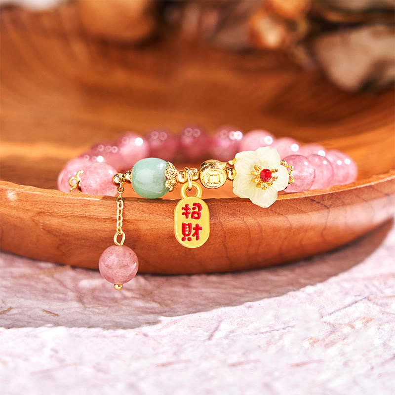 KarmaRipple's Authentic Strawberry Quartz Blossom Fu Character Positivity Balancing Bracelet p1