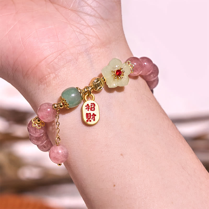 KarmaRipple's Authentic Strawberry Quartz Blossom Fu Character Positivity Balancing Bracelet p3