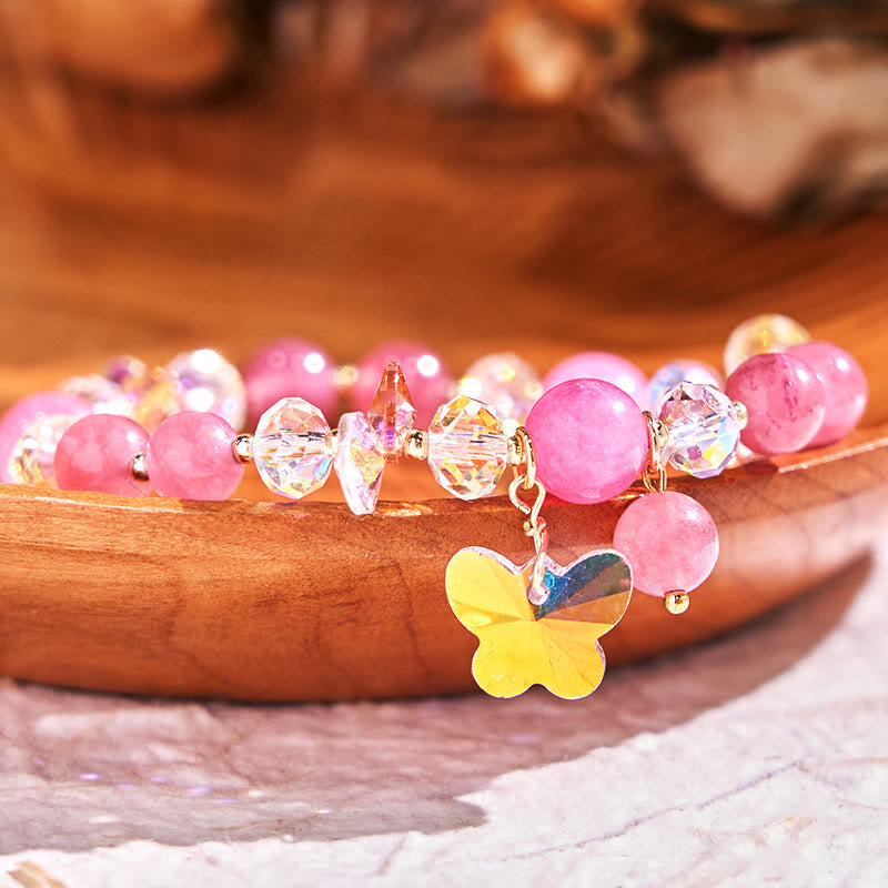 KarmaRipple's Strawberry Quartz Ivory Gemstone Pink Gemstone Butterfly Love Bracelet p2