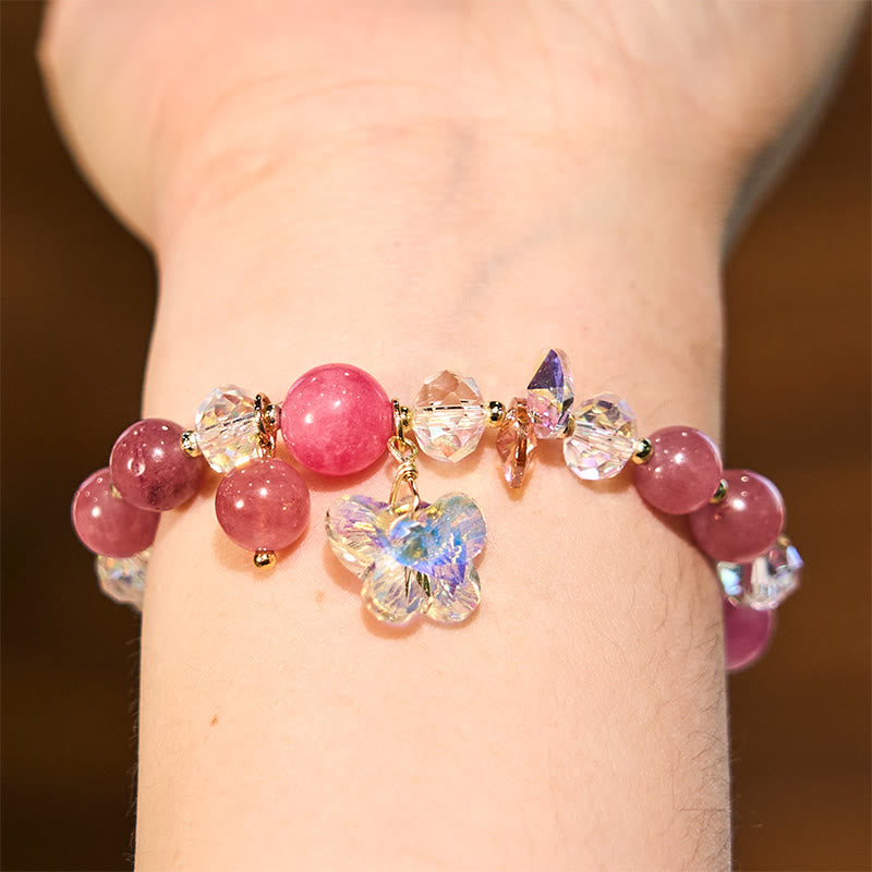 KarmaRipple's Strawberry Quartz Ivory Gemstone Pink Gemstone Butterfly Love Bracelet p5