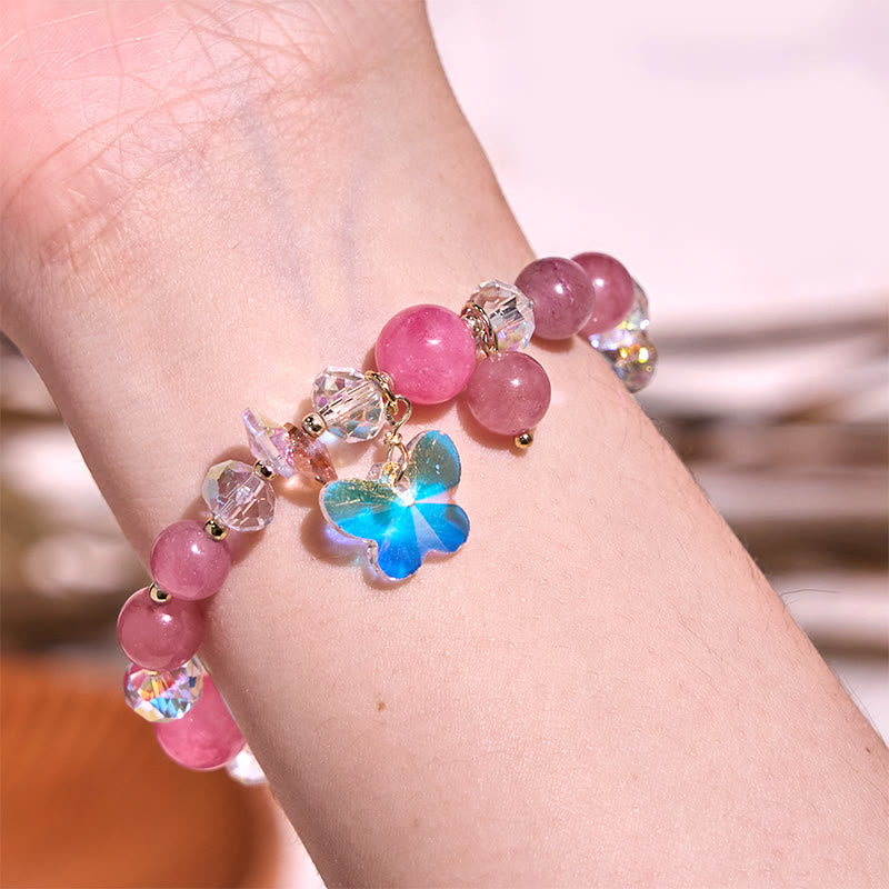 KarmaRipple's Strawberry Quartz Ivory Gemstone Pink Gemstone Butterfly Love Bracelet p4