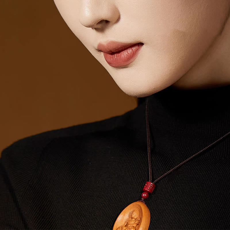 KarmaRipple's Peach Wood Cinnabar Om Mani Padme Hum Chinese Zodiac Black String Pendant Pendants p25