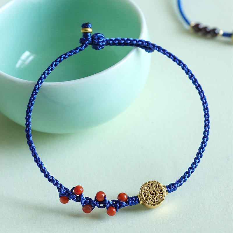 KarmaRipple's Klein Blue String South Red Agate Garnet Bronze Flower Power Bracelet p1
