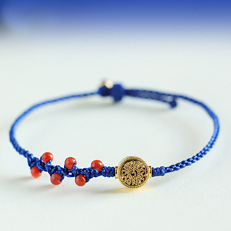 KarmaRipple's Klein Blue String South Red Agate Garnet Bronze Flower Power Bracelet p4