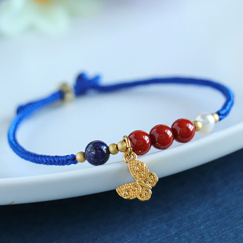 KarmaRipple's Klein Blue String South Red Agate Garnet Blue Aventurine Lazurite Bronze Butterfly Fu Character Positive Bracelet p1