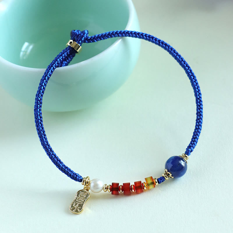 KarmaRipple's Klein Blue String South Red Agate Garnet Blue Aventurine Lazurite Bronze Butterfly Fu Character Positive Bracelet p14