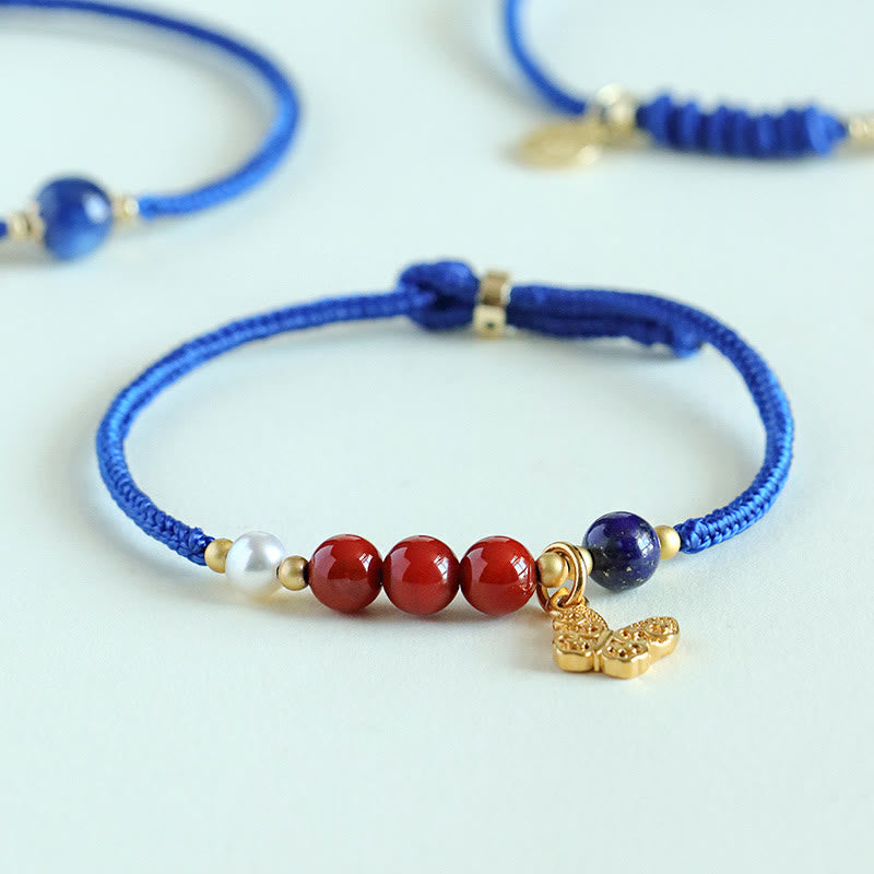 KarmaRipple's Klein Blue String South Red Agate Garnet Blue Aventurine Lazurite Bronze Butterfly Fu Character Positive Bracelet p6