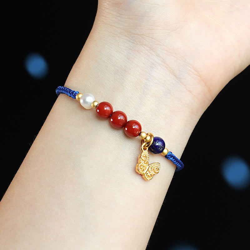 KarmaRipple's Klein Blue String South Red Agate Garnet Blue Aventurine Lazurite Bronze Butterfly Fu Character Positive Bracelet p8