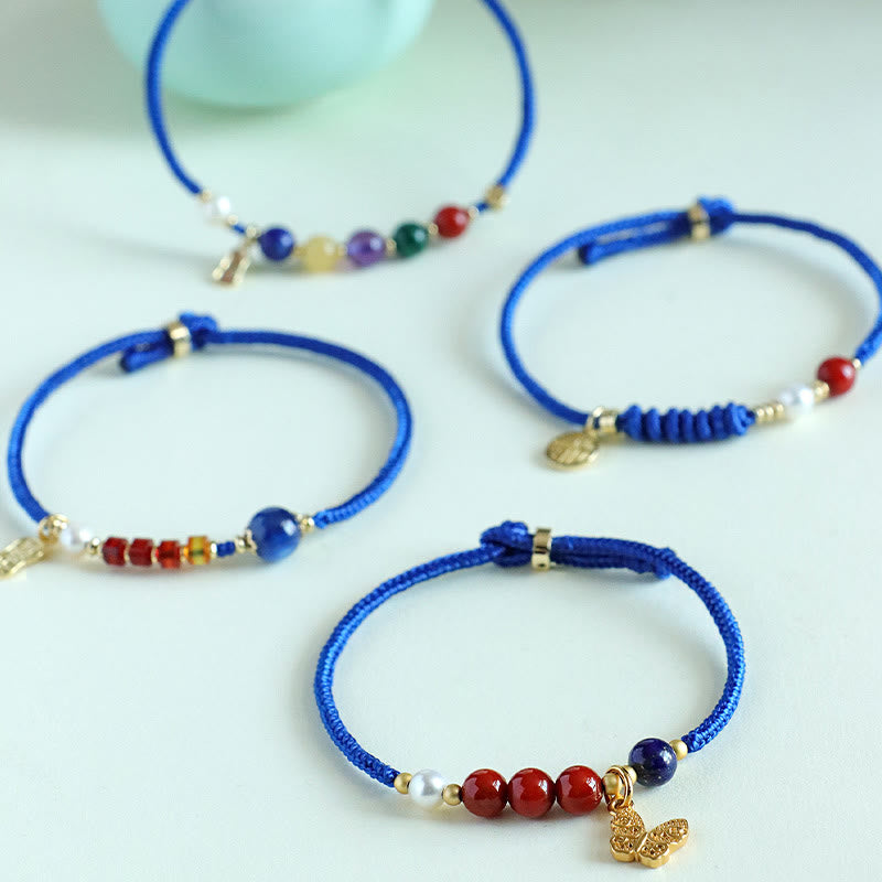 KarmaRipple's Klein Blue String South Red Agate Garnet Blue Aventurine Lazurite Bronze Butterfly Fu Character Positive Bracelet p15