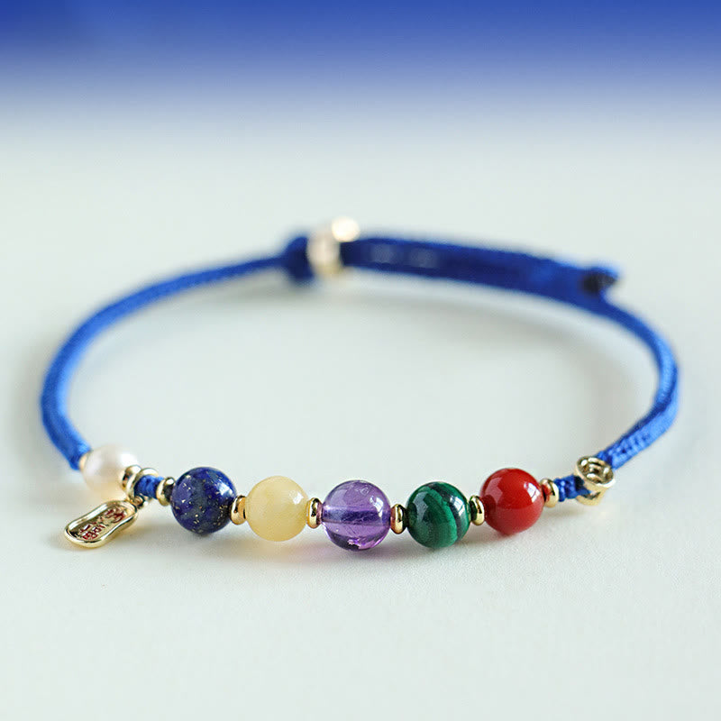 KarmaRipple's Klein Blue String South Red Agate Garnet Blue Aventurine Lazurite Bronze Butterfly Fu Character Positive Bracelet p17