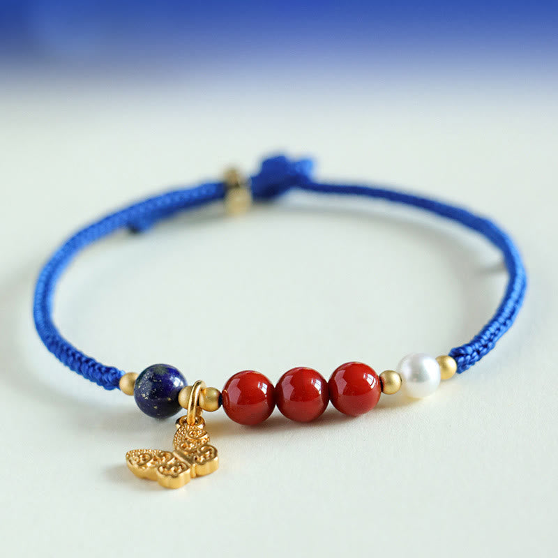 KarmaRipple's Klein Blue String South Red Agate Garnet Blue Aventurine Lazurite Bronze Butterfly Fu Character Positive Bracelet p5