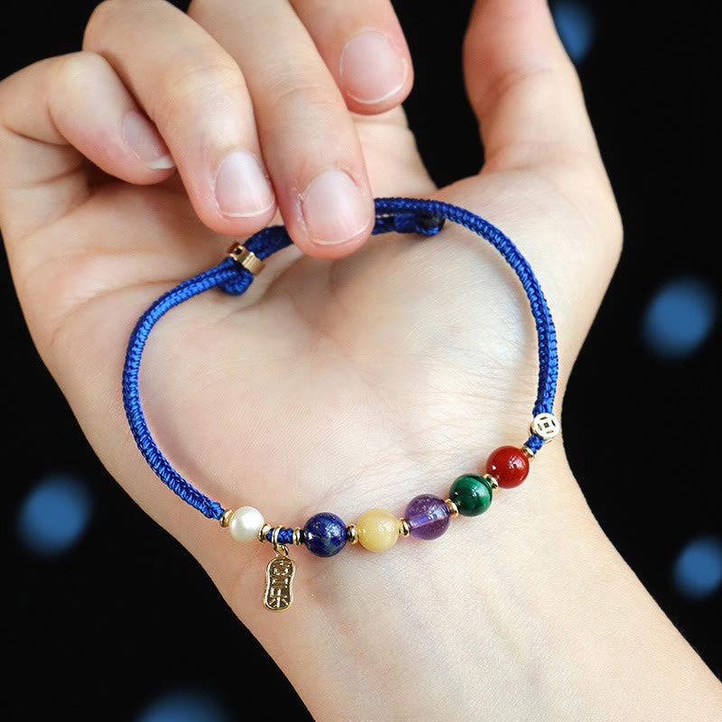 KarmaRipple's Klein Blue String South Red Agate Garnet Blue Aventurine Lazurite Bronze Butterfly Fu Character Positive Bracelet p13