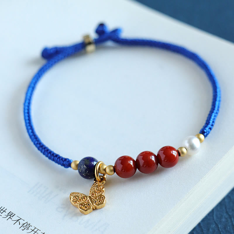 KarmaRipple's Klein Blue String South Red Agate Garnet Blue Aventurine Lazurite Bronze Butterfly Fu Character Positive Bracelet p7