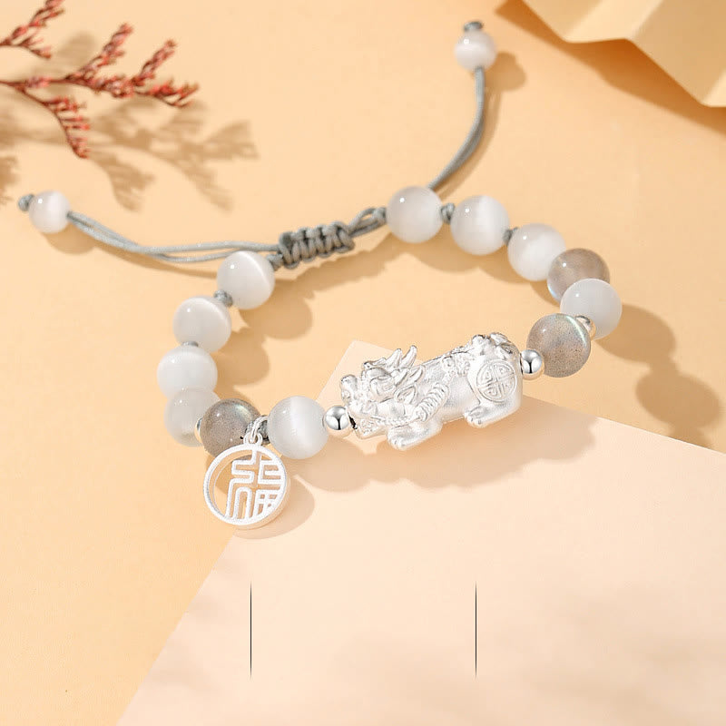 KarmaRipple's Pi Xiu Six True Words 999 Sterling Silver Black Obsidian Ivory Turquoise Chrysoberyl Fortune Bracelet p2
