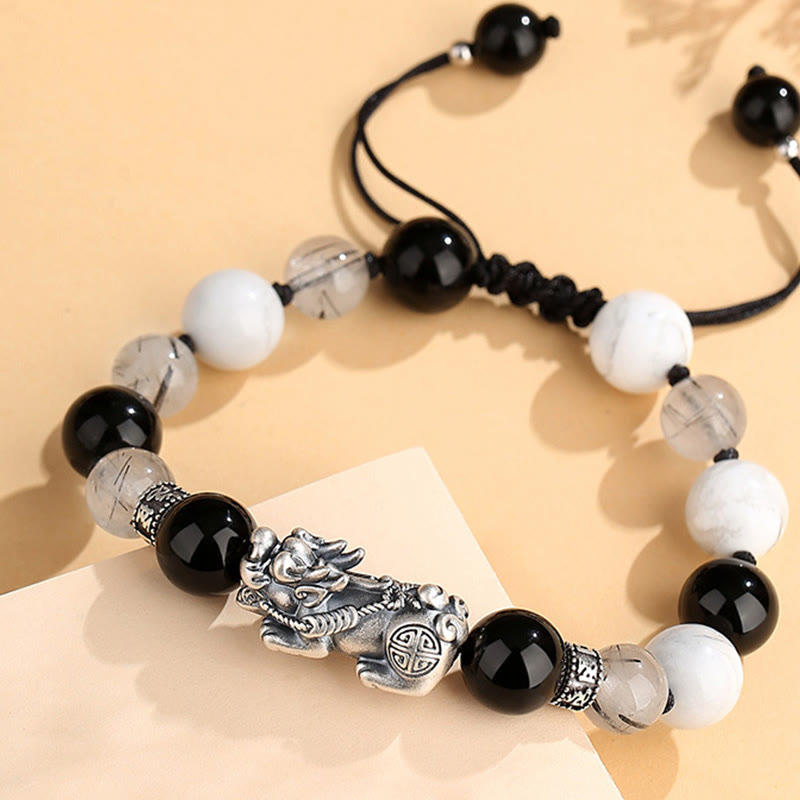 KarmaRipple's Pi Xiu Six True Words 999 Sterling Silver Black Obsidian Ivory Turquoise Chrysoberyl Fortune Bracelet p5
