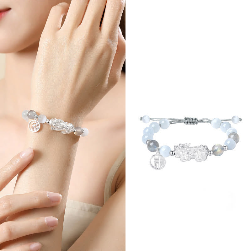 KarmaRipple's Pi Xiu Six True Words 999 Sterling Silver Black Obsidian Ivory Turquoise Chrysoberyl Fortune Bracelet p18